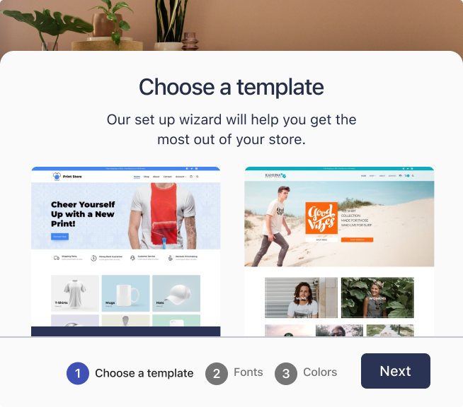 Modern selection of 6 ecommerce website templates for Wordpress within a setup wizard with customizable fonts and colors