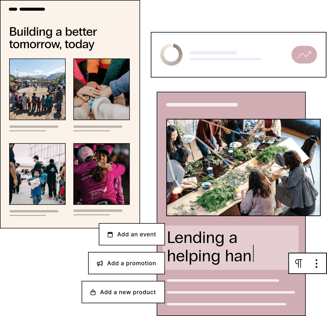 A nonprofit site says Building a better tomorrow, people touch hands and hug. A new webpage says Lending a helping hand