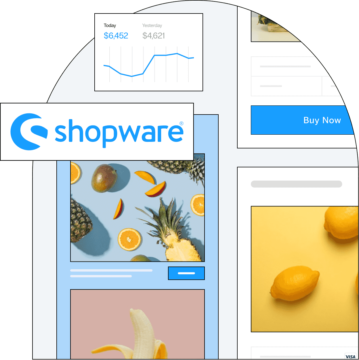 A hosted Shopware store sells fresh fruit, a chart tracks growing revenue from yesterday to today
