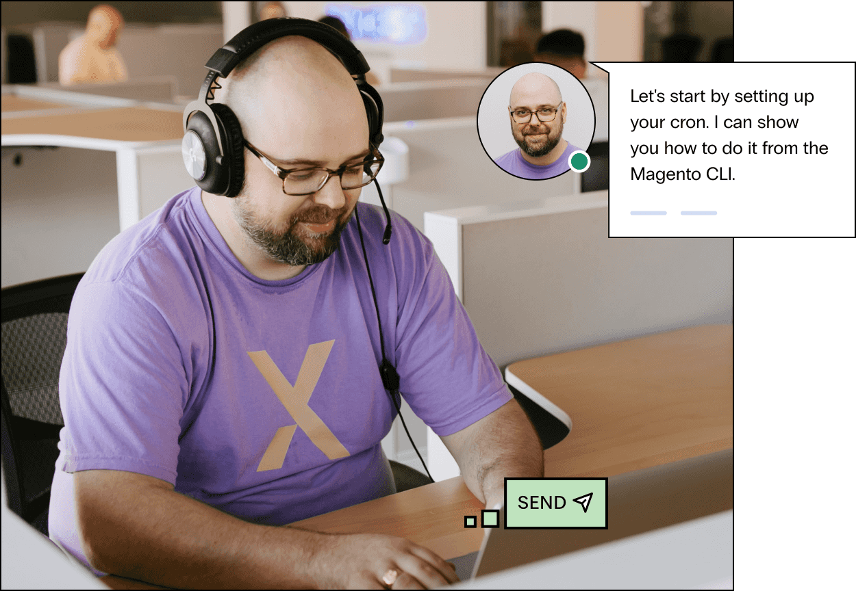 A Magento support expert in glasses, acoustic headphones, and a light tshirt says Let’s start by installing Cron, after that we can secure it and I’ll show you customize it from the Magento command line