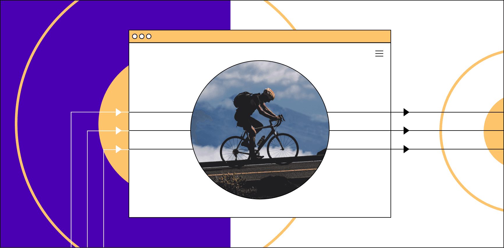 A mountain biker makes his way uphill. He is surrounded by geometric lines, circles, and arrows pointing his way. He is framed as if in the context of a web page. Illustration.