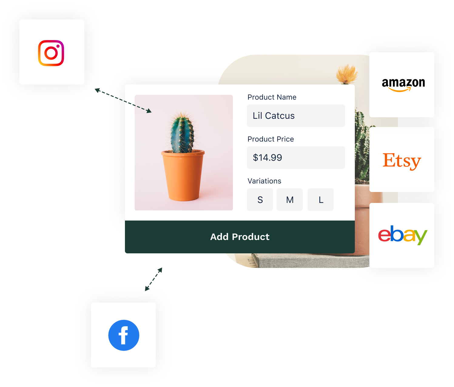 Snapshot of adding a cactus product to online store and sales integrations: amazon, etsy, ebay, facebook, instagram