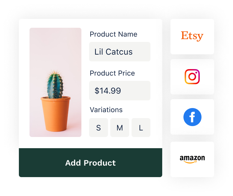 Snapshot of adding a cactus product to online store and sales integrations: amazon, etsy, ebay, facebook, instagram