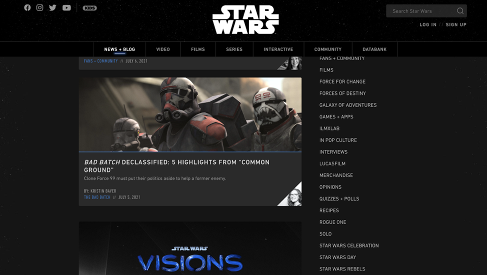 Screen capture of Star Wars news website