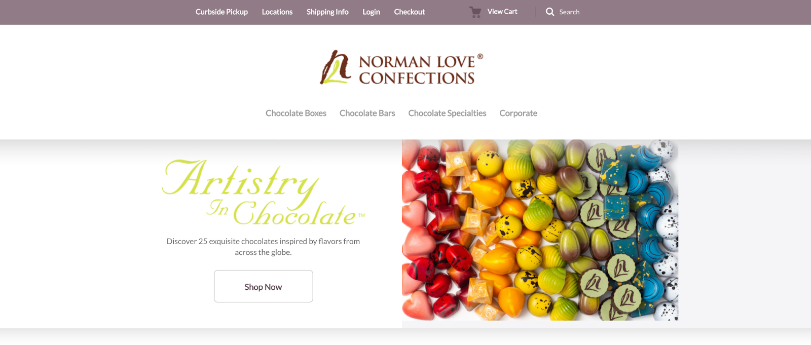 Norman Loves Confections selected an eye-catching visual for their homepage.
