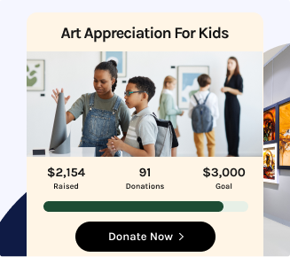 Donation page for an art program that helps at-risk youth, showing $2,154 raised