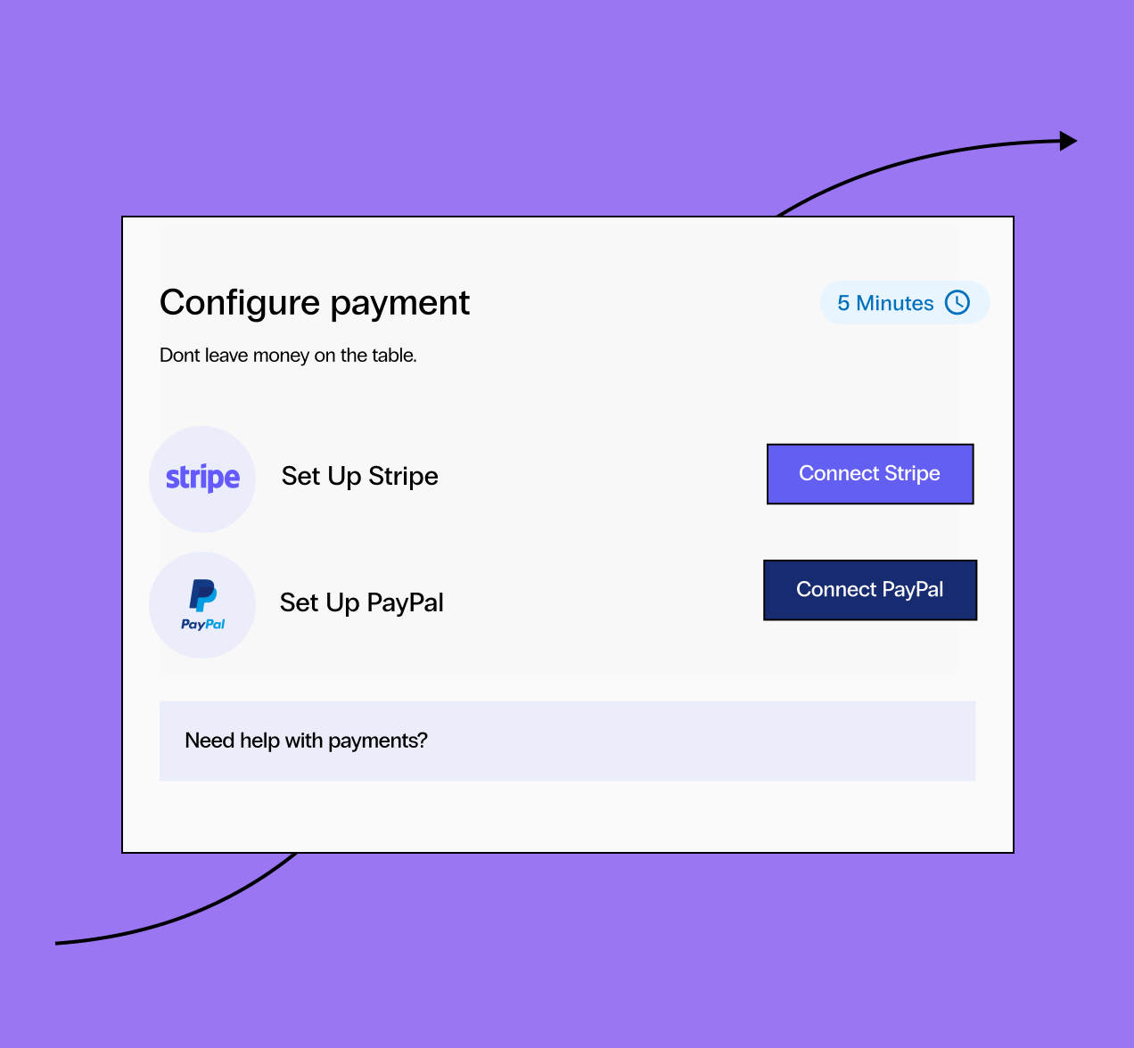 The configure payment step for WooCommerce, says don’t leave money on the table, takes 5 minutes, buttons to connect Stripe and PayPal