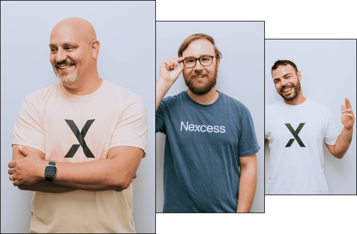 Three Nexcess managed application experts stand side by side in rectangles, wearing Nexcess tshirts, smiling and ready to help