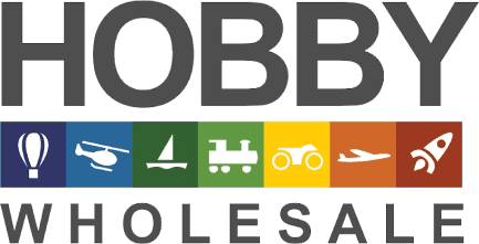 Hobby Wholesale logo, including various modes of transportation such as a plane, train, and boat