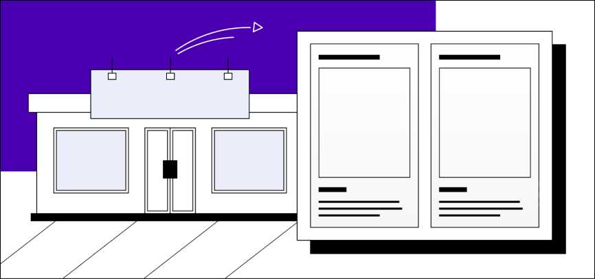 Illustration of a traditional storefront and online shopping on mobile phones