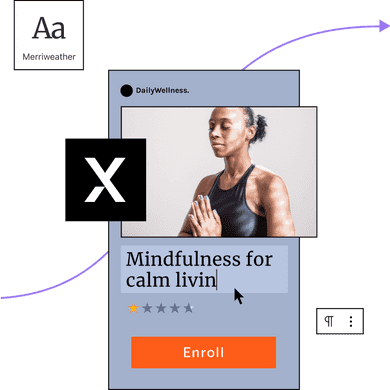 A user works on their ecommerce site for a mindfulness fg class, a button says Enroll, user has chosen the typeface Merriweather