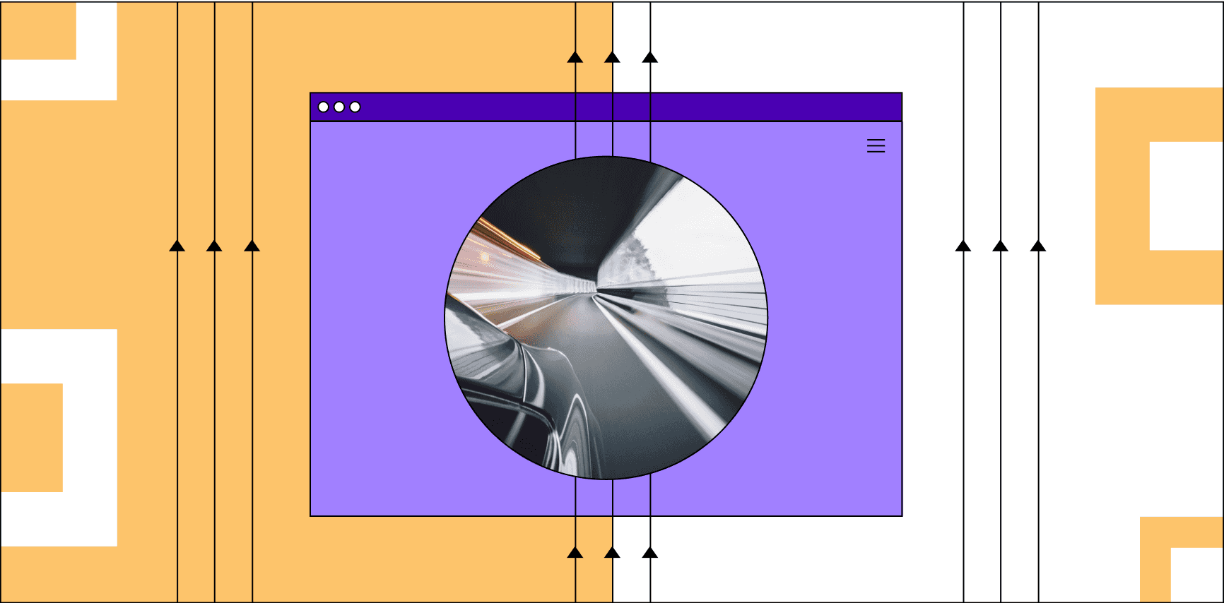 A car is speeding down a road. It is framed by a web page window and surrounded by geometric shapes and lines moving upwards as if to indicate website performance. Illustration.
