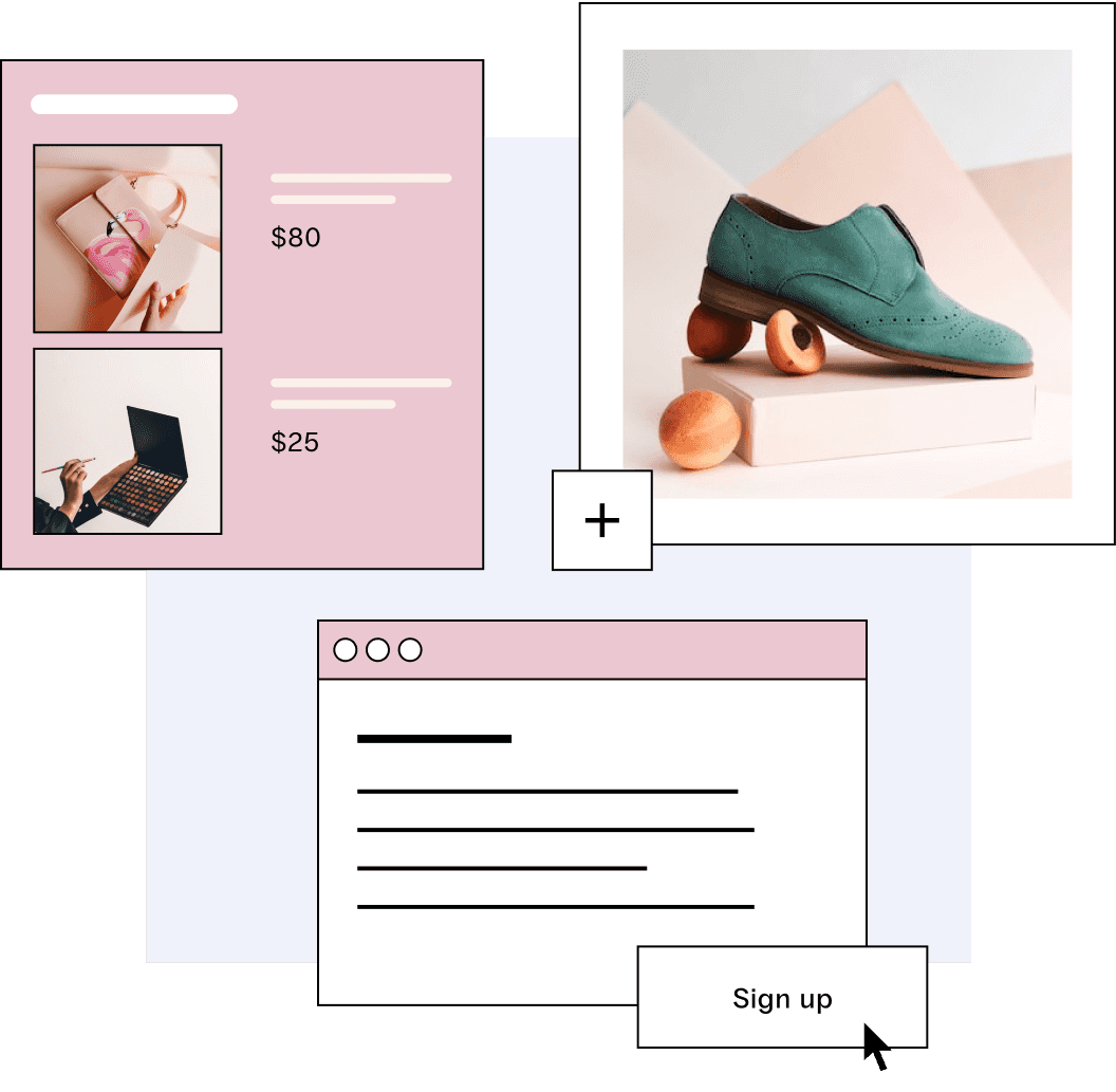 Elements of online store using plugins, pages show a handbag with a flamingo on it, a makeup pallet, and a suede shoe
