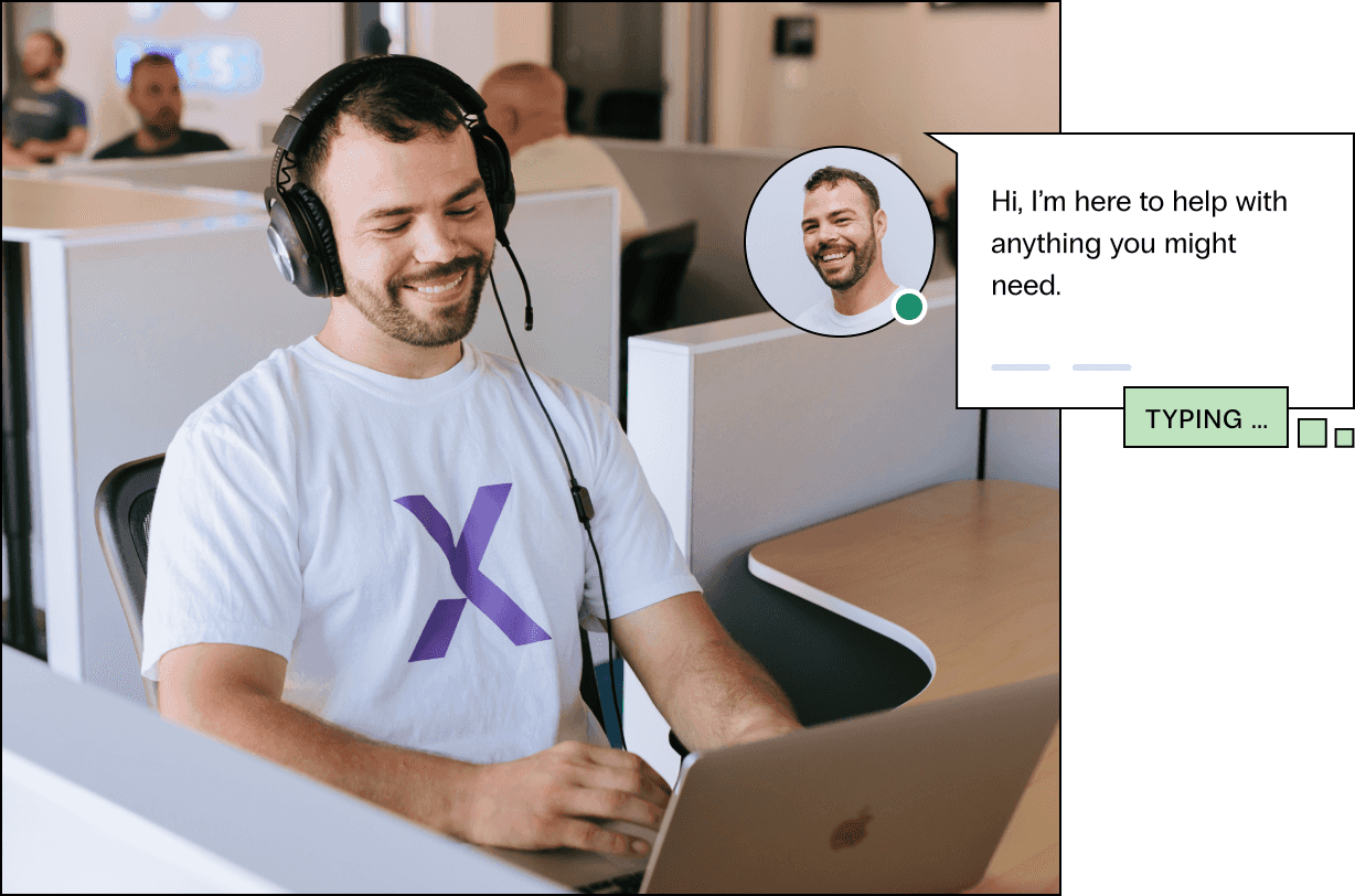 A male hosting support agent in a casual t-shirt at Nexcess smiles as he immediately responds