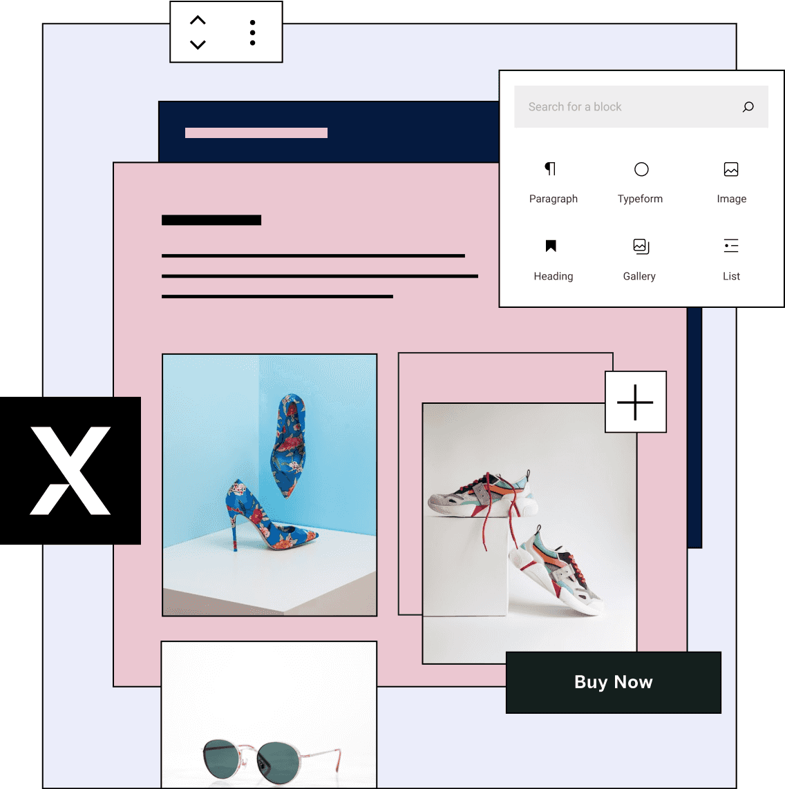 A website page is being built, the page shows high-heeled shoes, sneakers, and sunglasses for sale