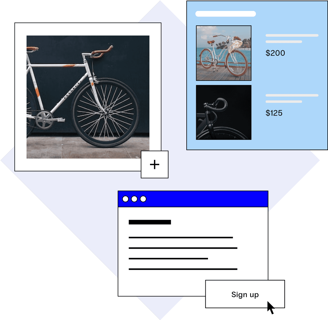 An online store selling bicycles shows a road bike, sign up form, and online cart including a $200 cruise bike and $125 road bike.