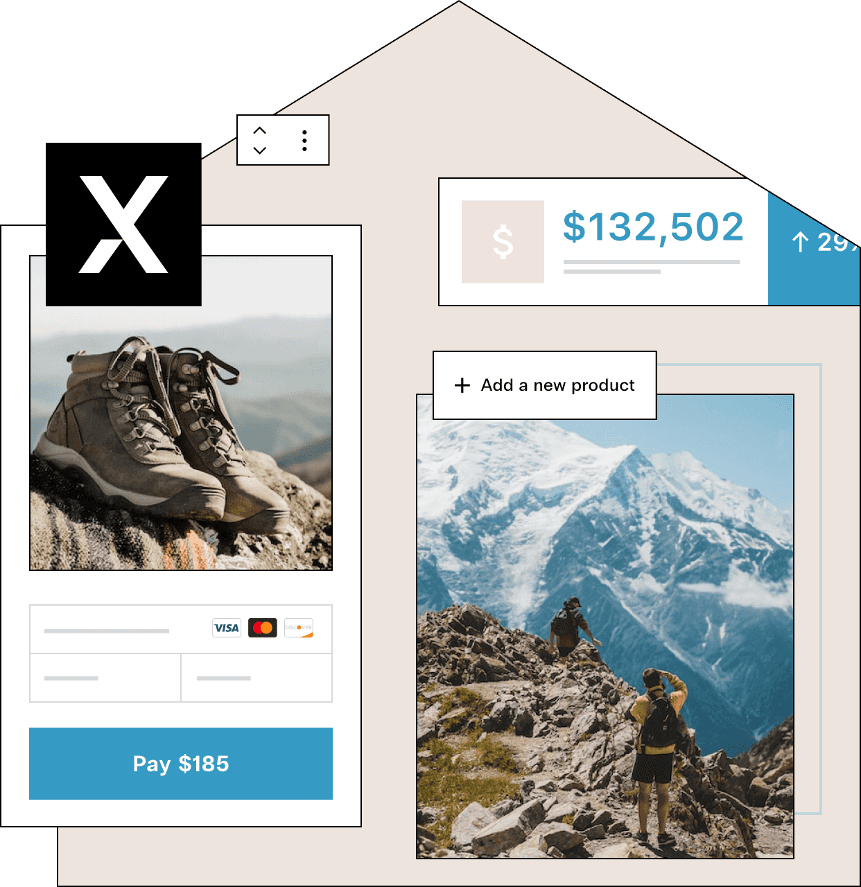 Snapshots of an online store with a adventurous aesthetic selling hiking boots and gear for $185, revenue shows 29% growth