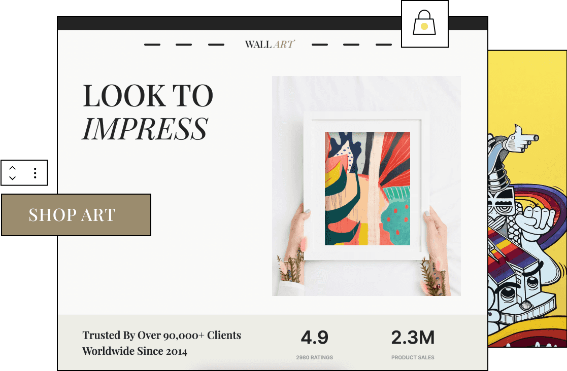 An elegant ecommerce website say Look to Impress, two hands hold a picture frame with vibrant handmade art, a button says shop art