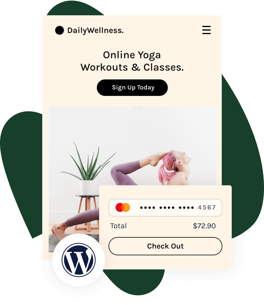 Online WordPress store example displaying yoga workouts & classes, WooCommerce and WordPress logos, and credit card input with checkout