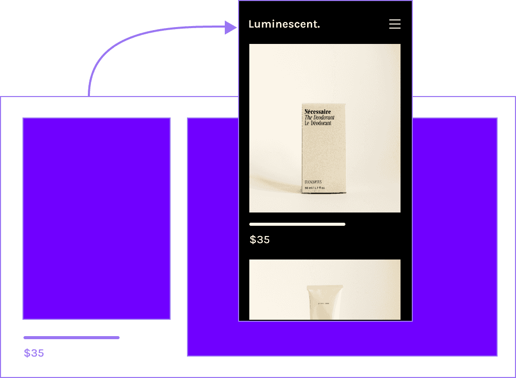 A traditional Magento store with an arrow pointing towards a mobile app screen for Luminescent, a deodorant seller