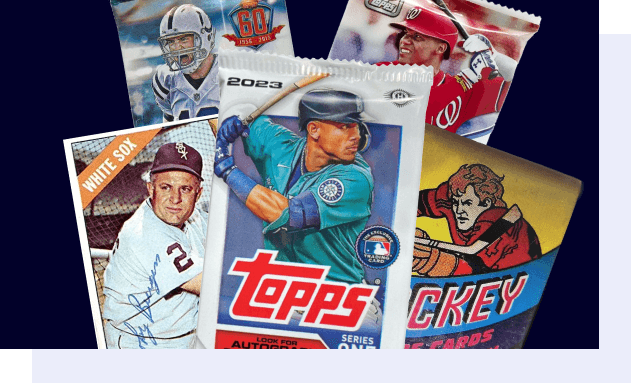 A stack of five trading card packs, fanned out, including baseball, football, and hockey cards