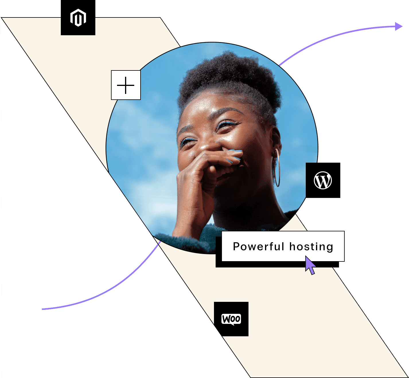 A woman with hoop earrings candidly laughs against a limitless sky, her managed hosting services options float in small squares, a prominent create button for WordPress, Magento, and WooCommerce