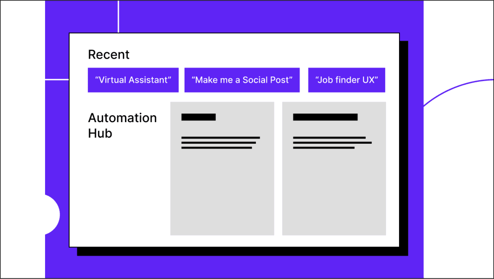 Illustration of an AI tool with prompts such as 'make me a social post' and 'job finder UX'