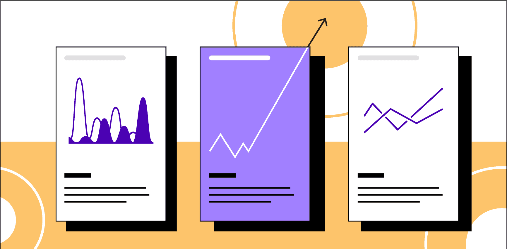 Three abstracted cards representing website performance sit side by side, each showing graphs and lines. The middle card has a graph with a line and arrow that suddenly moves up and off the page. Illustration.