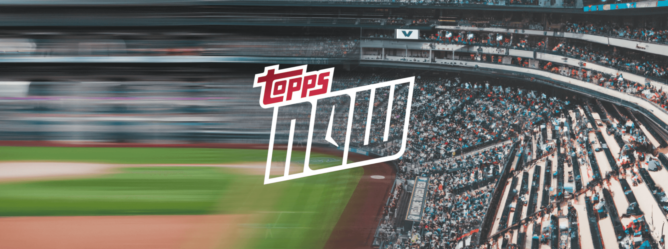 A wide photo of a baseball stadium, half blurred, with the Topps Now logo centered over it