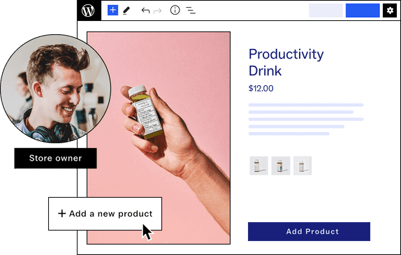 WooCommerce store owner works on a product page, a hand is holding a Productivity Drink, priced $12, with an Add Product button