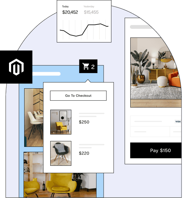 A Magento store that sells modern chairs in a rounded doorway shape, a checkout page, product page, daily earnings report, and snapshots of furniture