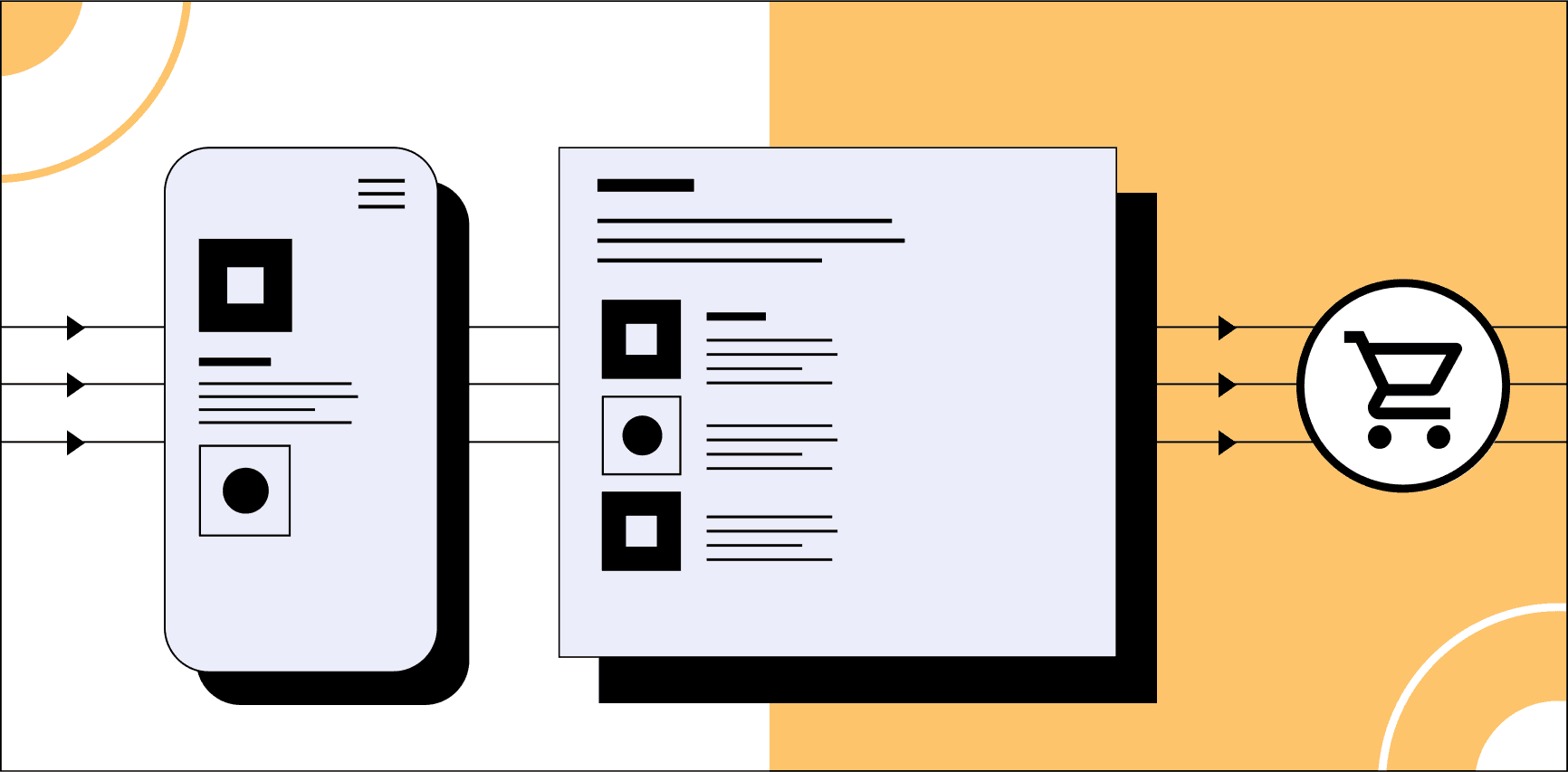 A mobile and a desktop webpage side by side backed by lines and arrows leading from left to right. The arrows lead to a shopping cart icon on the right. Illustration.