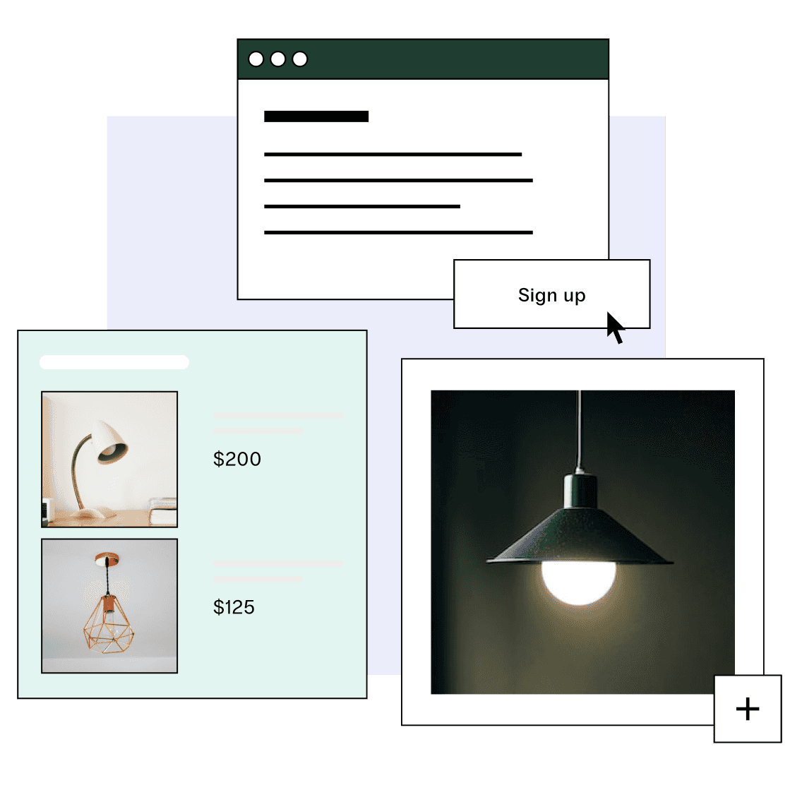 Three ecommerce lamp products, one with a flexible neck, one with a wired base, and a hanging light with a round bulb