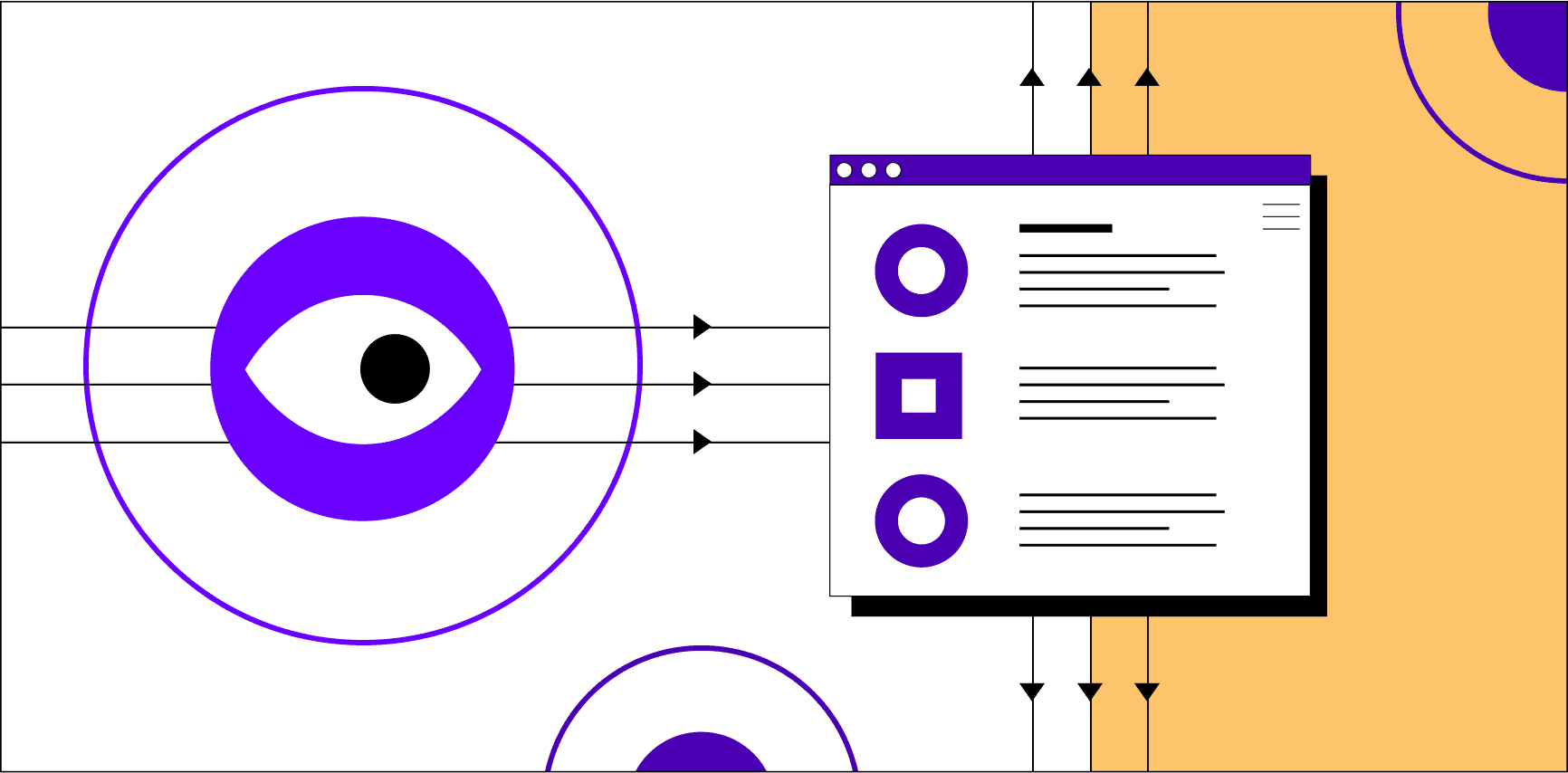 An eyeball reviewing a web page's ecommerce performance. Arrows and lines behind the page indicate a path either leading up or down. Illustration.