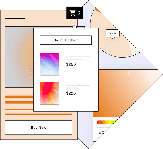 A mobile online store shows the flow between product pages and cart pages with an option to go to checkout