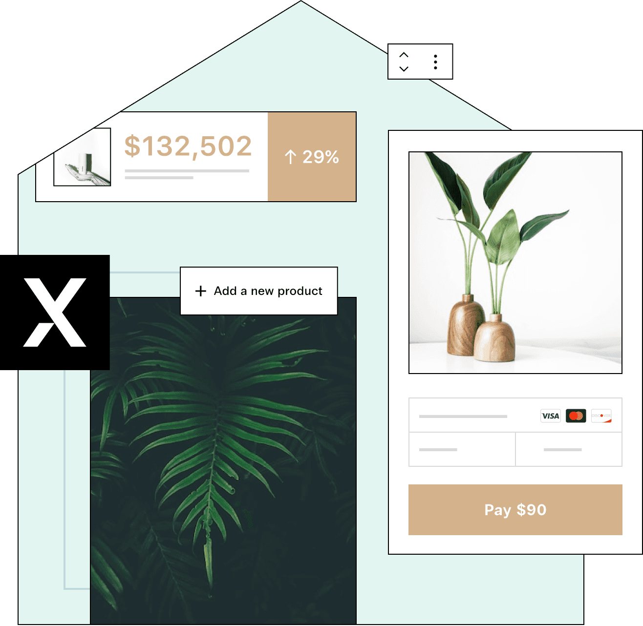Snapshots of an online store with a calming aesthetic selling artistic plants and pots for $90, revenue shows 29% growth