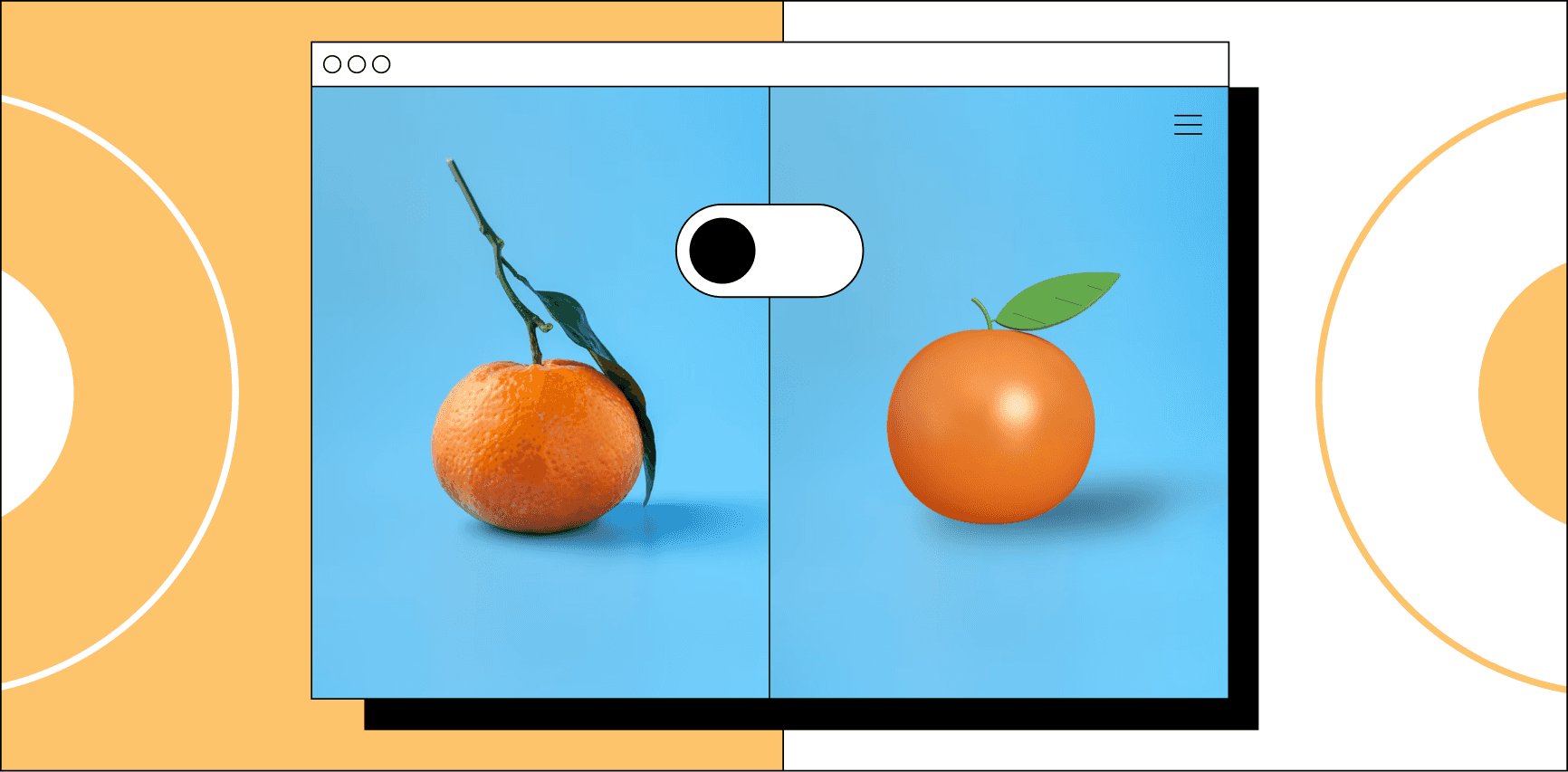 Illustration of two oranges side by side, one a photograph and one an AI-generated image
