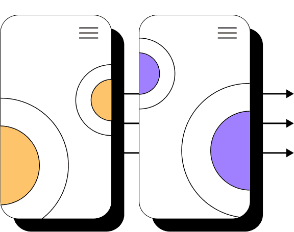 A smartphone shape with an app represented by circles, duplicated in another smartphone shape with the same app with circles, only reversed