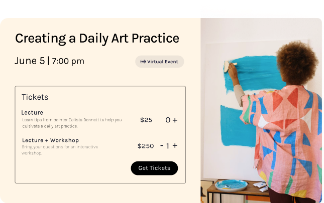 Website visitor buys tickets for a virtual event called Creating a Daily Art Practice, a lecture and an interactive workshop with a painter on June 5