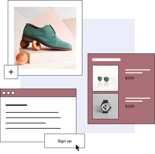 A suede shoe, sunglasses, and a watch are for sale in an online store, a cursor shows a user customizing their store