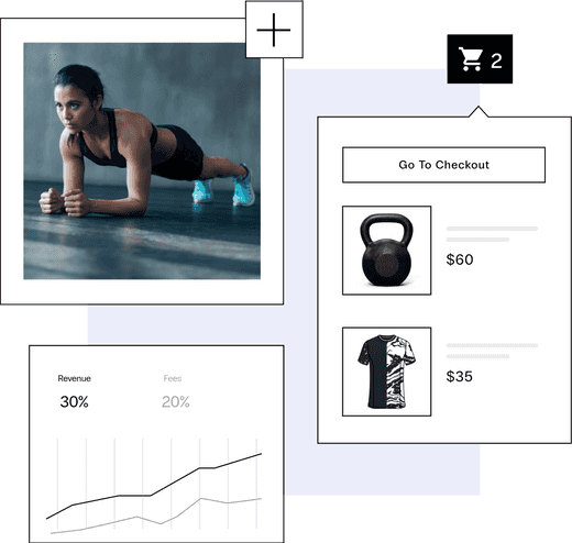 An online cart screen with weights and clothes, a graph shows 30% revenue plus 20% fees, a woman exercises sternly