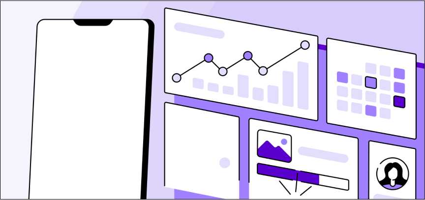 Illustration of a mobile phone with graphs and charts