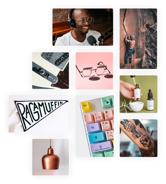 Collage of products to create in online stores: lamp, tattoo artist, skincare serum, musician, handmade crafts