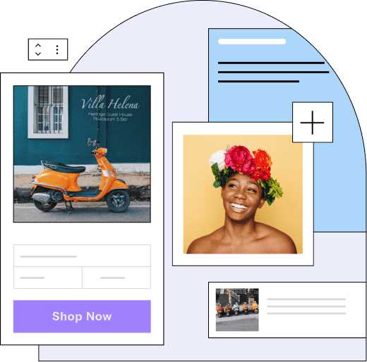 Shows a Magento store for Villa Helena, a destination guesthouse, restaurant, and bar with vintage scooters, a woman in a flower crown smiles
