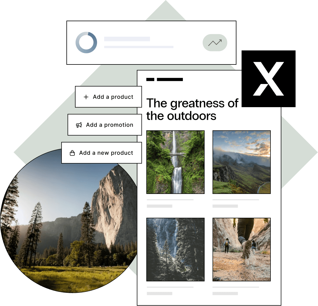 A website profiles the greatness of the outdoors with a waterfall, a peaceful vista, a pine forest, and canyon hiking