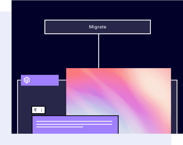 An abstracted interface of a website with a line leading to a Migrate button