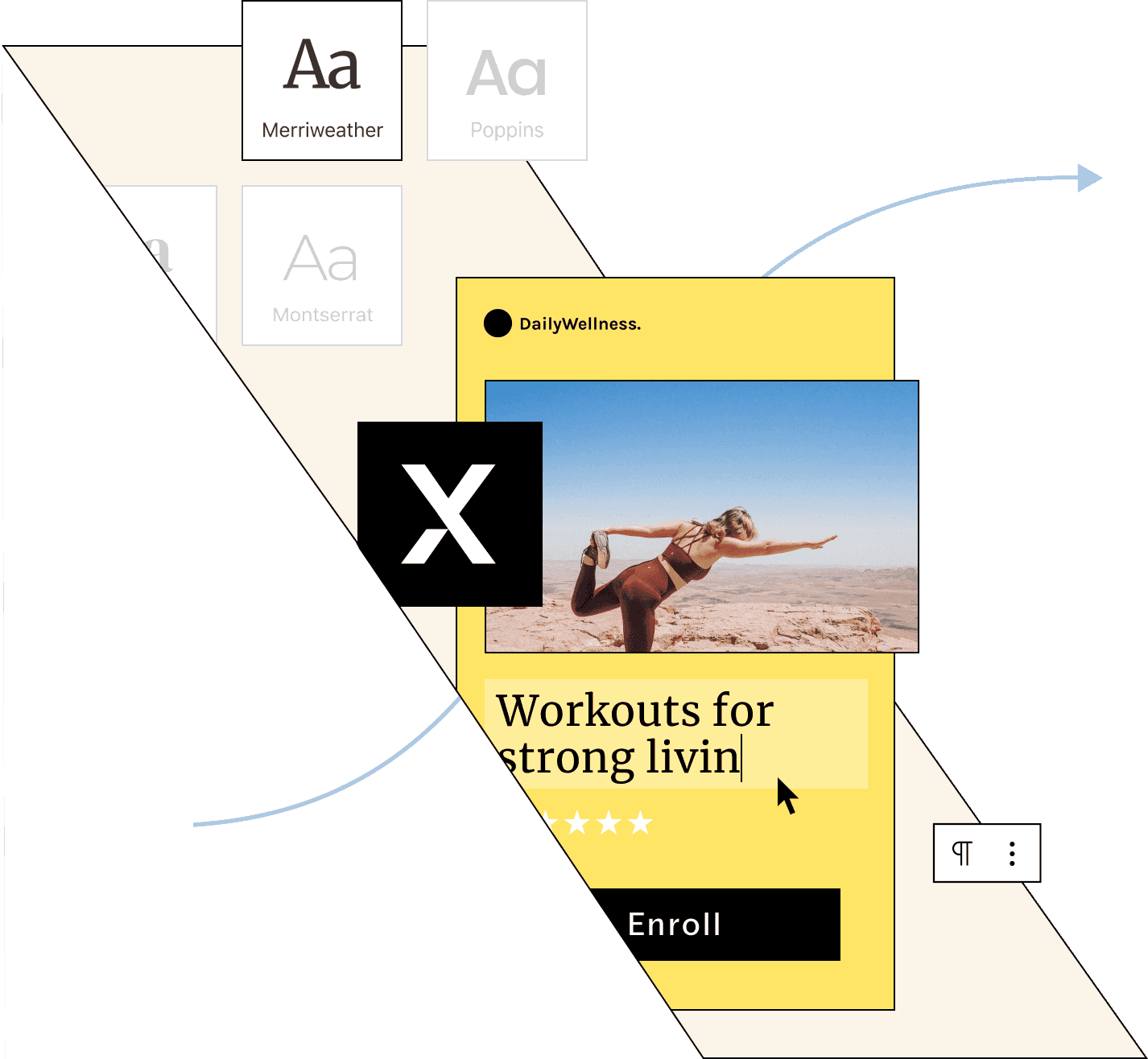 A site owner designs an online fitness class with their hosting products, typing Workouts for stronger livin above an enroll button, a woman stretches in the desert