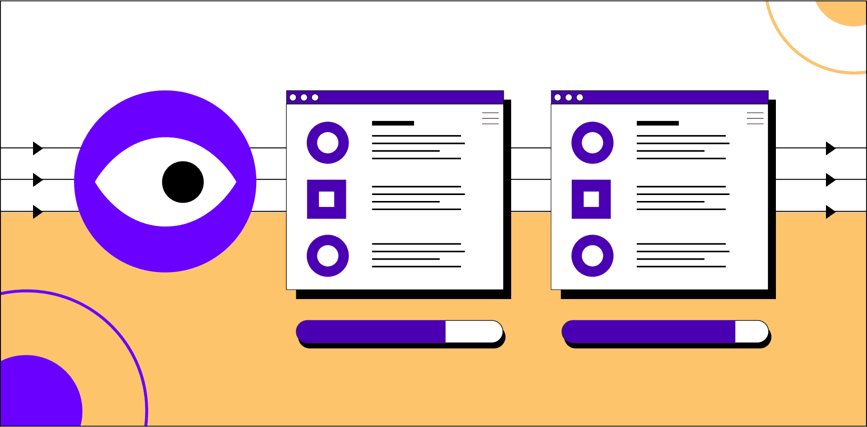 Eyeball reviewing identical web pages. Progress bars below indicate different site performance for each one. Illustration.