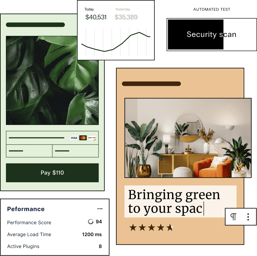 Several boxes show a website selling plants being created, profit growth, security scan progress, and performance scores