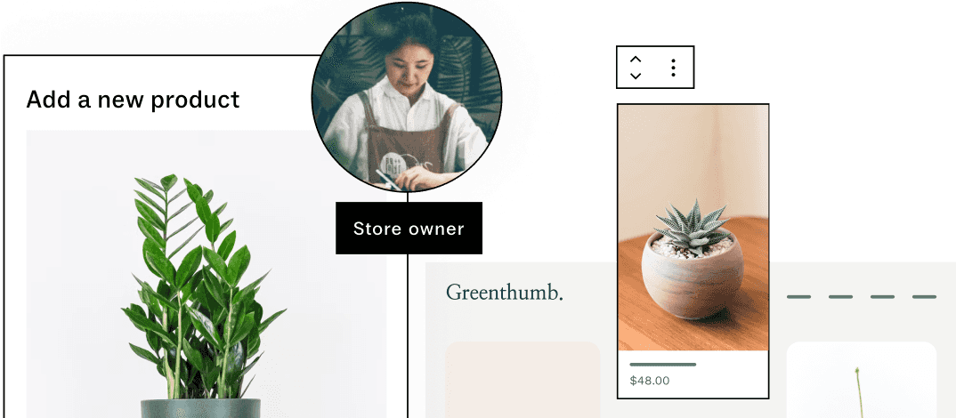 A store owner adds new products to her plant boutique, her site sells plants at 45 and 48 dollars, she peacefully packages her products